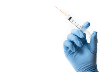 Doctor, nurse or scientist hand holding flu, measles vaccine shot for baby vaccination, medicine and drug concept