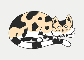 Sleeping cat or kitten. Meow power. Cute pet. Hand drawn engraved sketch for logo or label or banner or t-shirt. Monochrome Vector illustration in outline vintage doodle style.