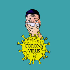 Young man face in respiratory protective mask and coronavirus cell disease. Coronavirus flu. Dangerous cases of flu. Medical health risk. Vector illustration
