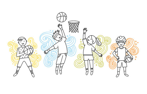 Basketball game cute vector set with children. Boys and girls with sport balls and decorative elements