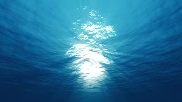 light underwater, sunlight rays shining through ocean surface, view from underwater, 3D rendered seamless loop 4K animation.