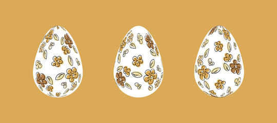 Set of white easter eggs. Collection decorated with beautiful handmade floral ornament. Isolated on beige background. Vector illustration.