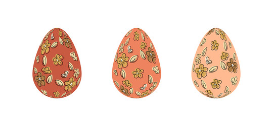 Set of pink easter eggs. The collection is decorated with beautiful handmade floral ornaments. Isolated over white background. Vector illustration