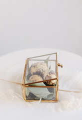 Easter composition. Easter eggs in a glass box on a white and gray background. Greeting card for copy space.