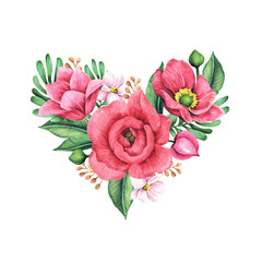 Floral heart with flowers, herbs and leaves. Watercolor illustration isolated on white background. Element for design postcards, posters.
