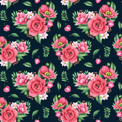 Seamless pattern with flowers hearts on a blue background. Watercolor illustrations for design of wallpaper, fabric, wrapping paper and others.