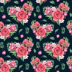Wandcirkels tuinposter Seamless pattern with flowers hearts on a blue background. Watercolor illustrations for design of wallpaper, fabric, wrapping paper and others. © Anna