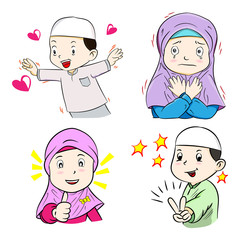 Collection of Muslim Kids Cartoon - Hand drawn Cartoon Vector Illustration