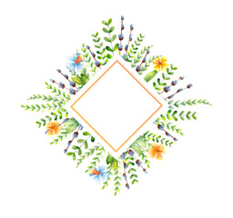 Fototapeta na wymiar Watercolor drawn floral frame made of green leaves and spring flowers: narcissus and willow branches in shape of rhombus on white background with empty space for text. Hand drawn greeting, invitation.