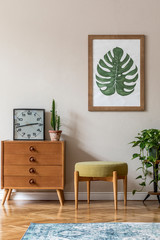 Vintage interior design of living room  with design retro pouf and commode, plants, cacti, black...
