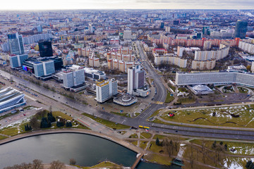 Minsk cityscape with buildings and river in city center, Belarus