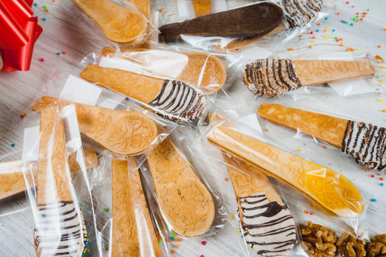 Edible Cutlery Spoon. Waffle Cookies Dessert Close-up.