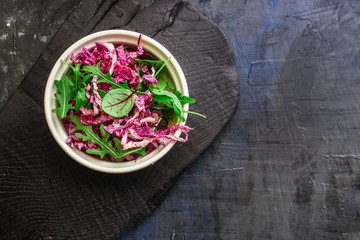 healthy food, salad leaves and Chinese cabbage (delicious snack) menu concept. background. top view. copy space