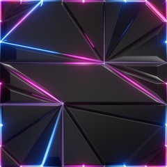 3d render, abstract black faceted background, pink blue glowing neon lines, modern fashion texture, geometric polygonal grid structure