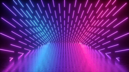 3d render, abstract neon background, empty performance stage, ultraviolet spectrum, laser show glowing lines, lights, virtual reality, purple vibrant colors, floor reflection