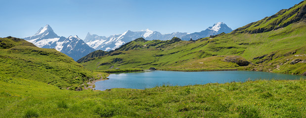 panorama landscape idyllic alpine lake Bachalpsee, tourist destination near Grindelwald, switzerland