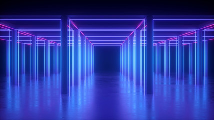3d render, abstract blue neon geometric background, cubic shape, lines glowing in ultraviolet light, long tunnel, empty corridor, square box construction