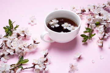 White cup of coffee and spring flowering branches on a pink background. Spring greeting card