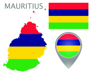 Colorful flag, map pointer and map of Mauritius in the colors of the Mauritius flag. High detail. Vector illustration