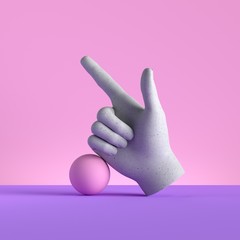 3d render, mannequin hand and ball, finger pointing up, direction gesture, isolated on pink background, minimal fashion concept, simple clean design. Limb prosthesis