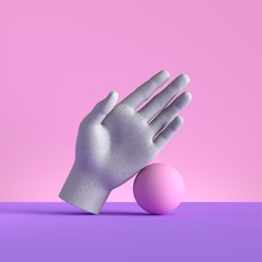 3d render, mannequin hand and ball, open palm, relaxed gesture, isolated on pink background, minimal fashion concept, simple clean design. Limb prosthesis