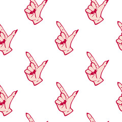 Pointing index fingers seamless pattern. White background. Fun hand gesture, expression vector wallpaper.	