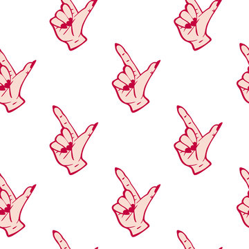 Pointing index fingers seamless pattern. White background. Fun hand gesture, expression vector wallpaper.	