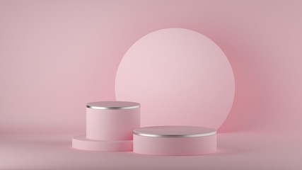 3d render, abstract minimal modern pink background, round board. Empty cylinder fashion podium, vacant pedestal, stage, showcase stand, blank product display platform. Copy space. Premium design