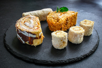 cakes different types (delicious dessert, assorted) menu concept. background. top view. copy save