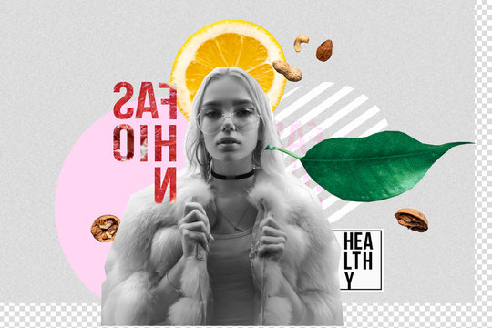 Hipster stylish fashion 20s teen girl vegan healthy food products on modern contemporary art collage, young woman wear faux fur posing on grey background trendy zine culture abstract creative artwork