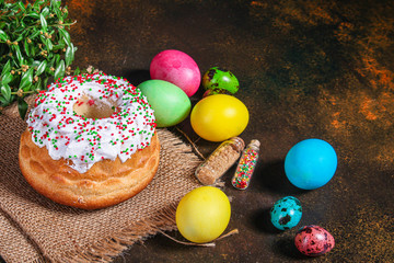 easter cake and easter eggs, traditional holiday design (happy easter) menu concept. food background. top view. copy space
