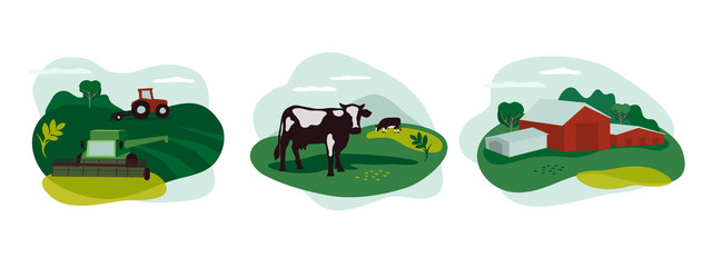 Set of vector icons about agriculture occupation, livestock. Illustration of tractor and combine harvester on field, farming landscape, farm animals and agricultural building, scenery of countryside.