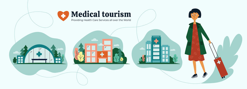 Medical tourism agency. Girl choosing quality medical services all over the world. Icons of clinic, hospital, health care center. Young woman and organization of treatment abroad. Vector illustration.
