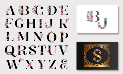 Set of Elegant Capital Letters. Floral ornate letters. Ornamental monogram, vintage font and roses ornaments alphabet. Royal ornate abc, flourishes decor elegant letter. Alphabet vector illustration