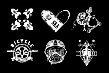 City transport vintage icon set. Retro style vector emblem pack. Skateboard, bike and scooter. Black and white labels.