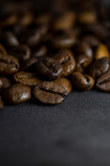 Coffee in beans on dark background. Abstract background texture.Coffee beans texture. Food background of coffee beans