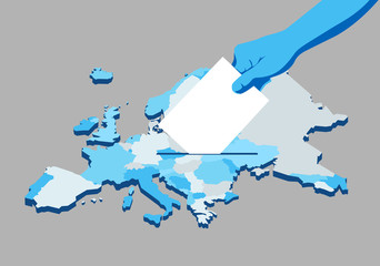 Elezioni Unione Europea, scheda elettorale nella mano, mappa dell'Europa - illustrazione vettoriale © Hurca!