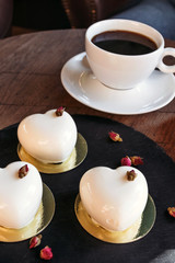 Cake hearts, coffee shop, romantic meeting for St. Valentine.