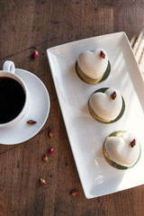 Cake hearts, coffee shop, romantic meeting for St. Valentine.