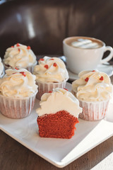 Cupcakes with hearts, coffee shop, romantic meeting for St. Valentine.