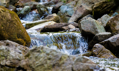 Fototapeta na wymiar A small mountain stream amidst large wet stones_