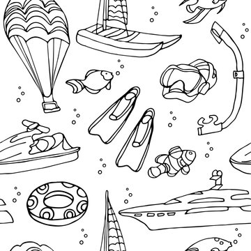 Vector Seamless Pattern With Water Sports Equipment On White Background. Scooter, Flippers, Mask, Snorkel, Water Parachute, Catamaran, Boat.  Active Vacation Concept. Doodle Illustration In Black Ink.