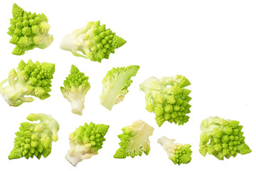 sliced romanesco broccoli isolated on white background. Roman cauliflower. top view