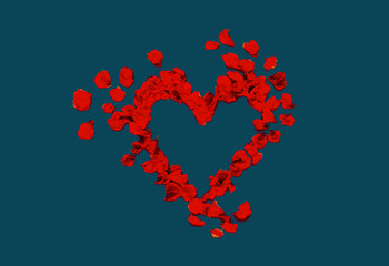 beautiful heart of red rose petals drawn on blue green