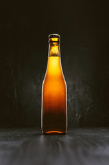 full bottle with beer closed cap without a label on a dark background