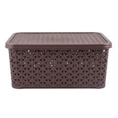 Brown artificial rattan wicker basket with lid front view isolated on white background