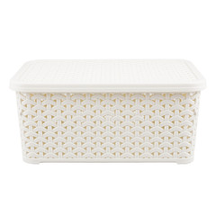 Ivory artificial rattan wicker basket with lid front view isolated on white background