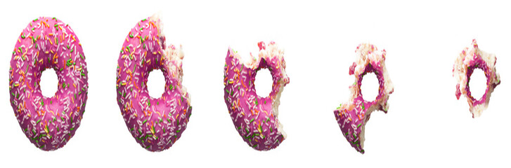 The process of eating a donut with colorful sprinkles isolated on white background