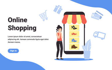 Woman chooses shoes in store on the phone. Girl use a mobile app on a smartphone. Flat vector cartoon illustration template for web landing page, banner, social media, poster, flyer.