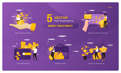 Illustration of money investment on 5 vector set